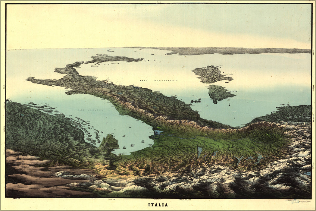24"x36" Gallery Poster, birdseye view map of italy 19th century