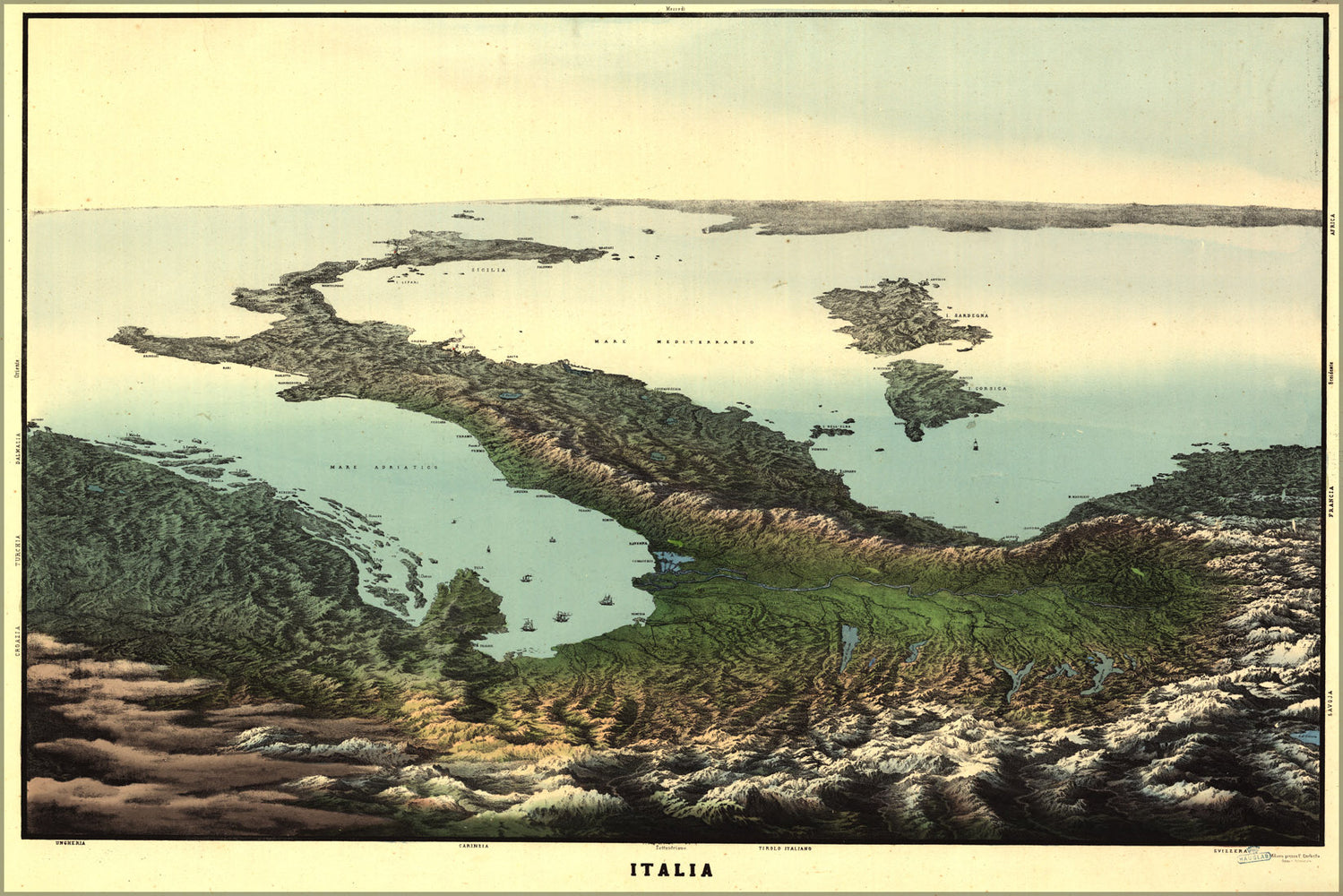 24"x36" Gallery Poster, birdseye view map of italy 19th century