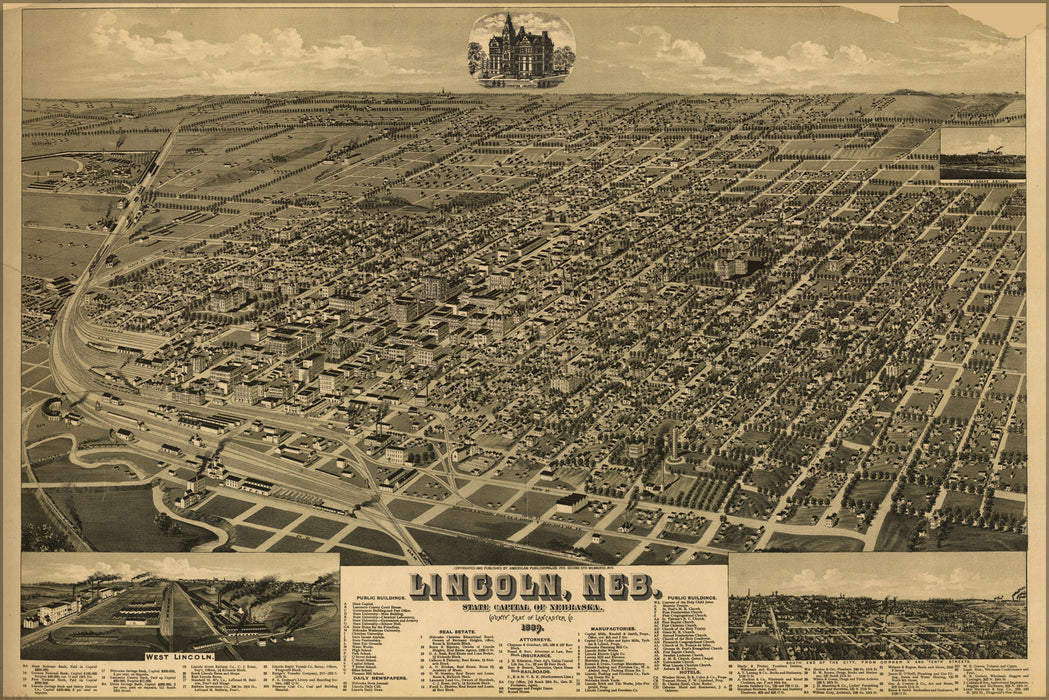 24"x36" Gallery Poster, birdseye view map of lincoln nebraska 1889