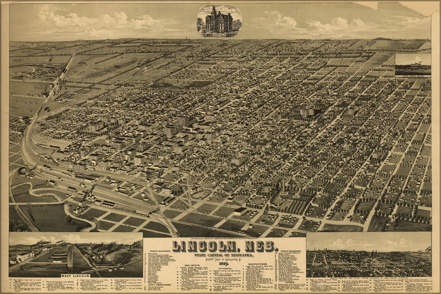 24"x36" Gallery Poster, birdseye view map of lincoln nebraska 1889