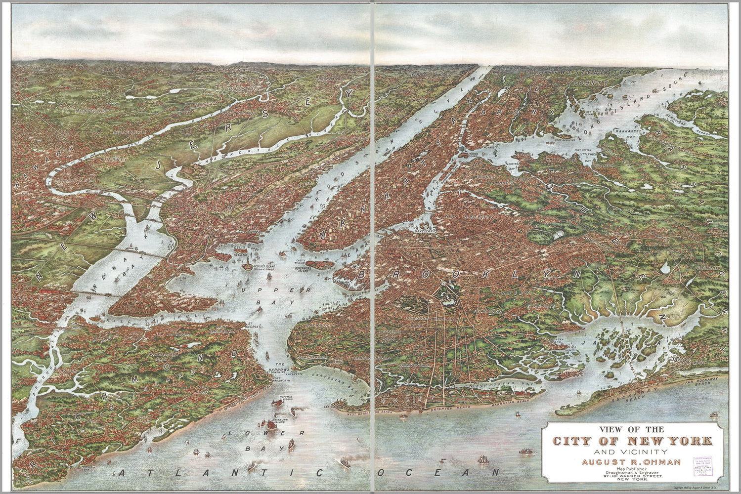 24"x36" Gallery Poster, birdseye view map of new york city brooklyn manhattan queens staten island 1907