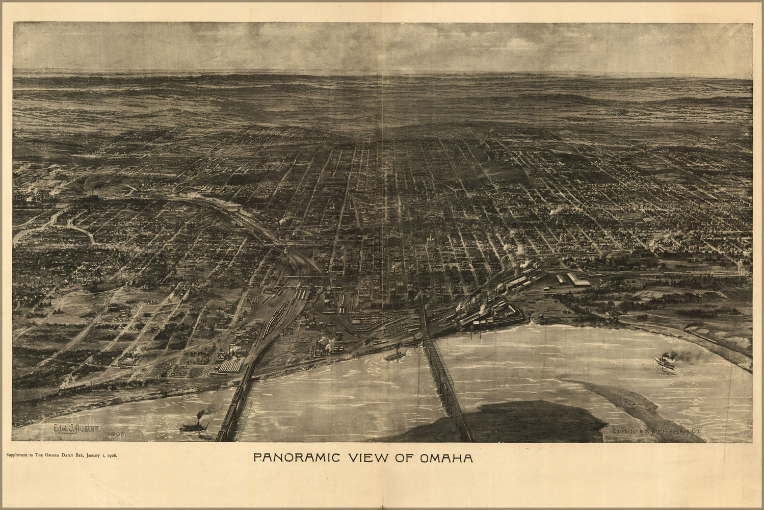 24"x36" Gallery Poster, birdseye view map of omaha nebraska 1905