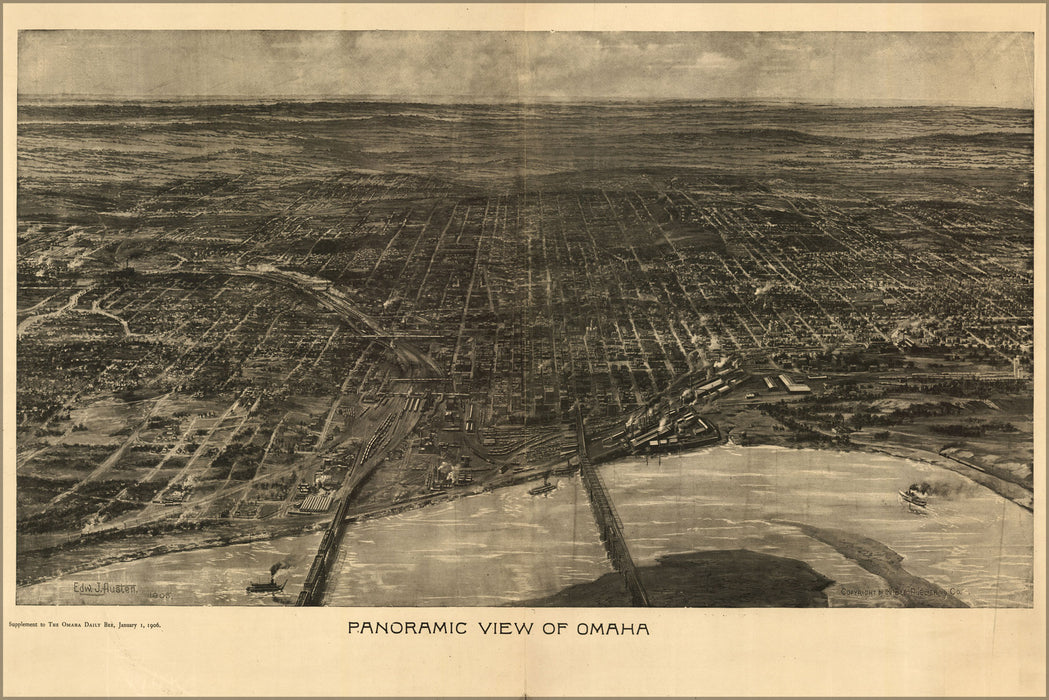 24"x36" Gallery Poster, birdseye view map of omaha nebraska 1905