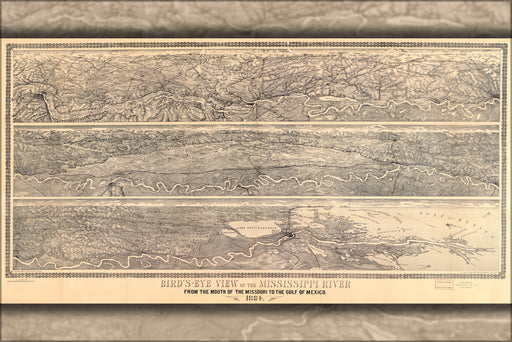 24"x36" Gallery Poster, birdseye view map of the Mississippi River 1884