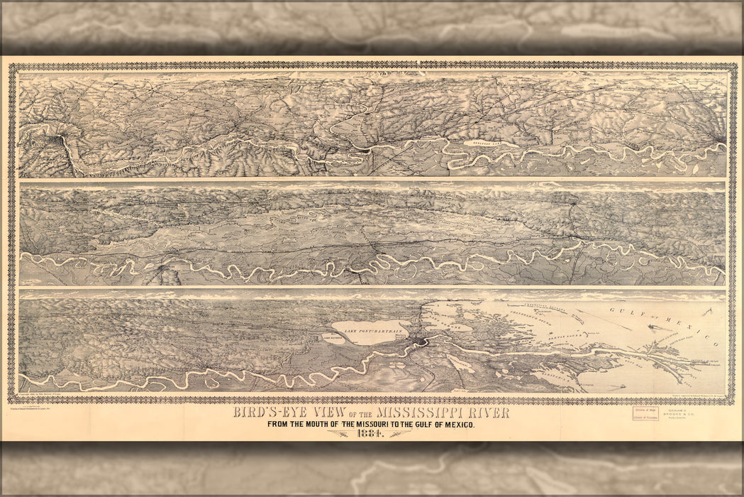 24"x36" Gallery Poster, birdseye view map of the Mississippi River 1884