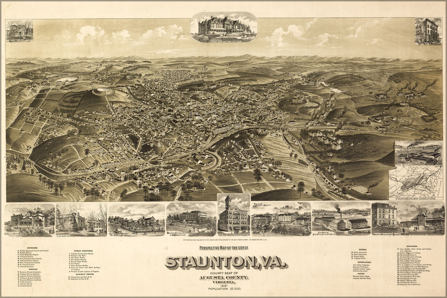 24"x36" Gallery Poster, birdseye view map of the city of Staunton, Virginia 1891