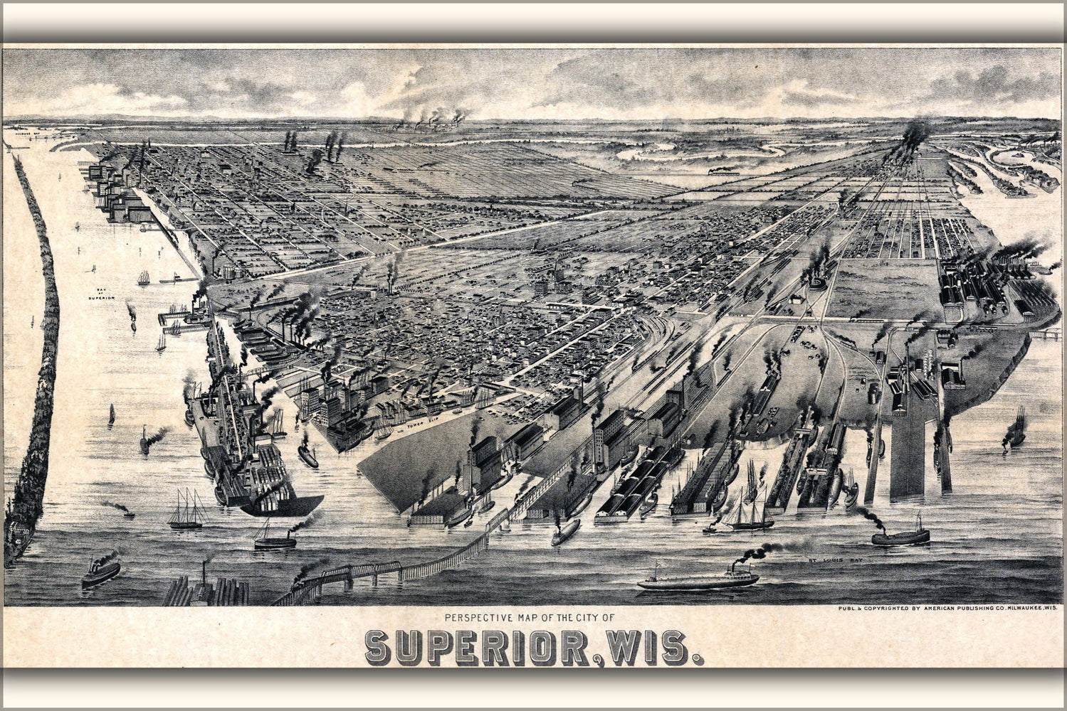 24"x36" Gallery Poster, birdseye view map of the city of Superior, Wisconsin 1893