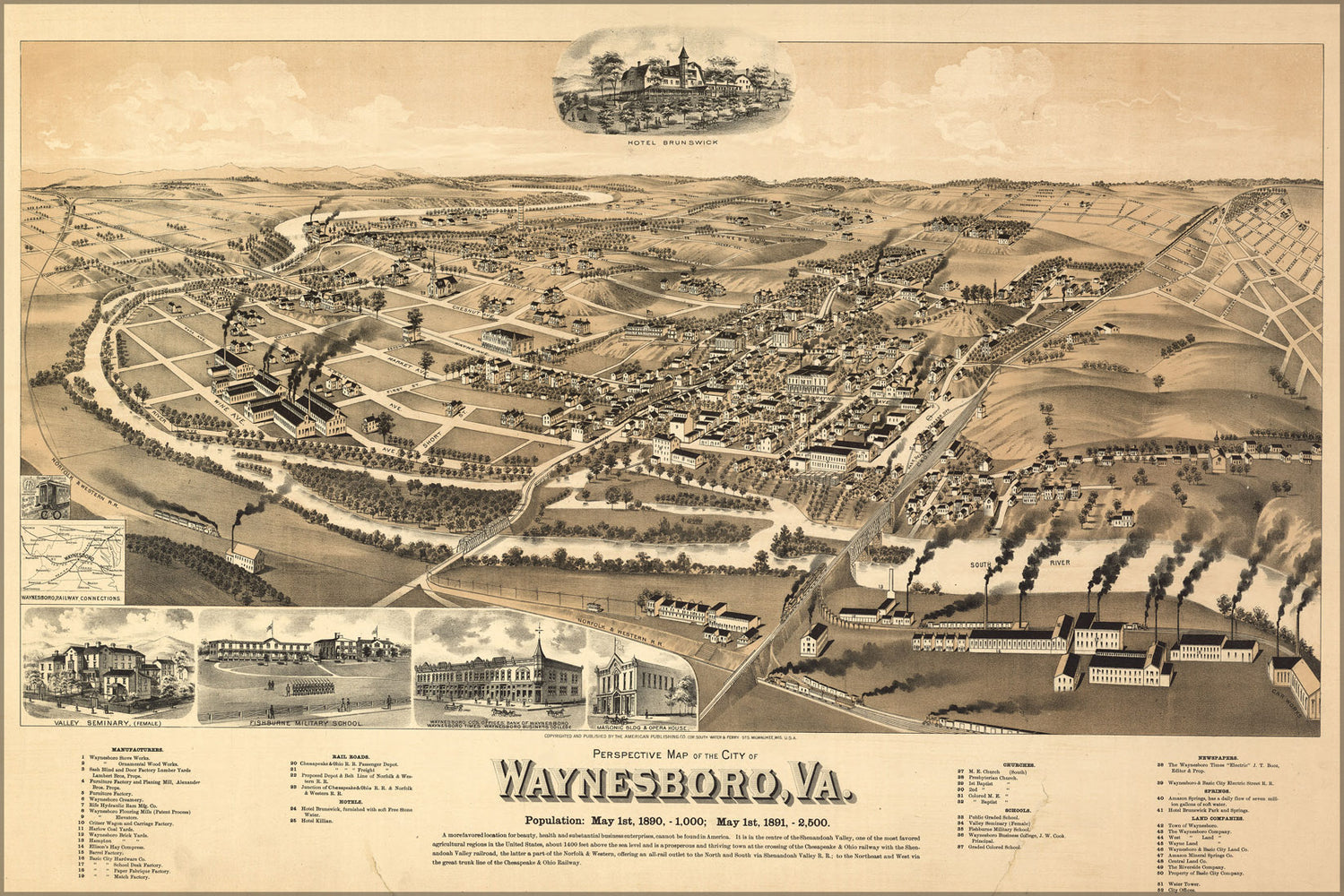 24"x36" Gallery Poster, birdseye view map of the city of Waynesboro, virginia