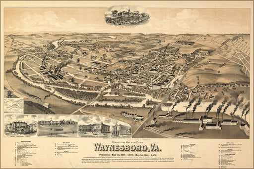 24"x36" Gallery Poster, birdseye view map of the city of Waynesboro, virginia