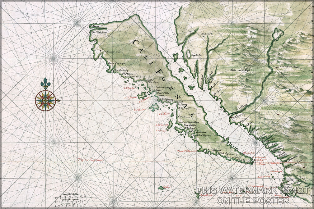 24"x36" Gallery Poster, california island Map of California as an island c1650 by johannes vingboons