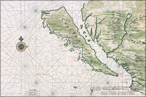 24"x36" Gallery Poster, california island Map of California as an island c1650 by johannes vingboons