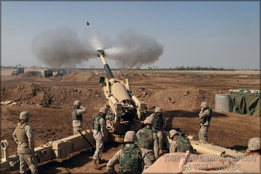24"x36" Gallery Poster, camp fallujah United States Marine Corps (USMC) M-198 155mm Howitzer gun crew Camp Fallujah