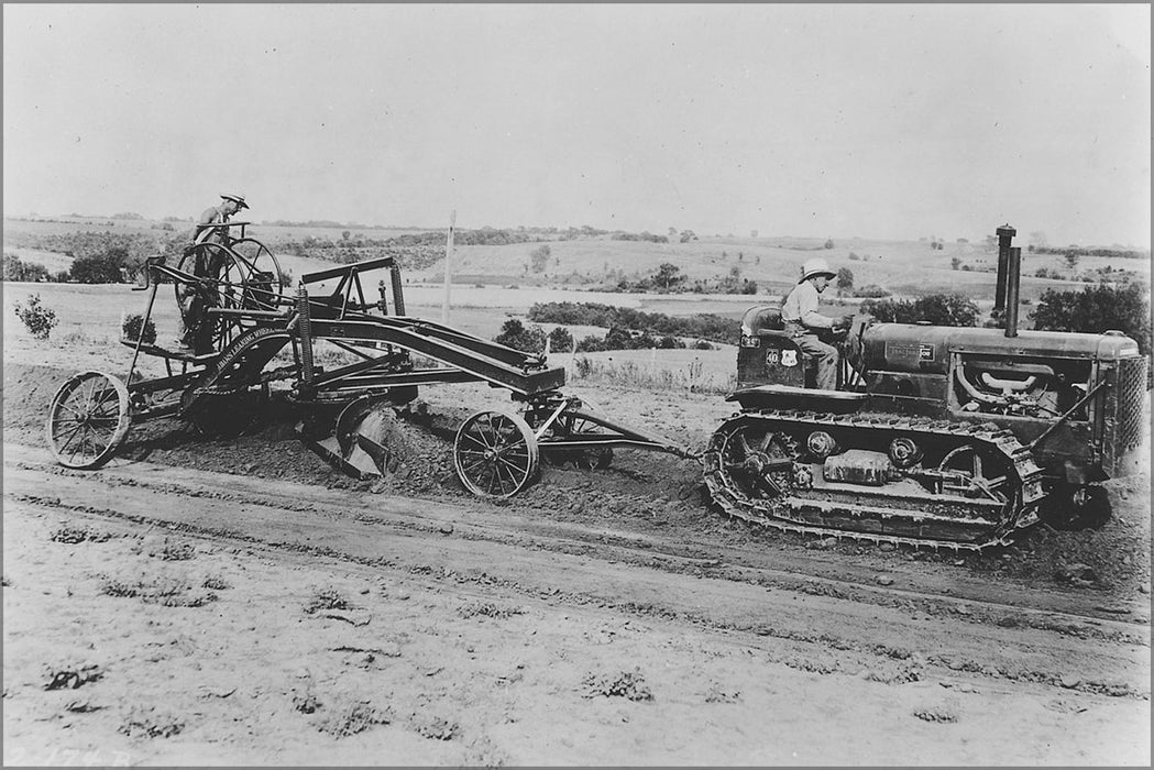 24"x36" Gallery Poster, caterpillar tractor dozer and grader plow, terracing slope 1935