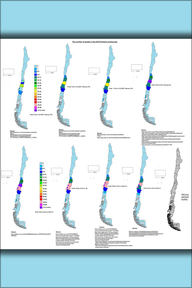 24"x36" Gallery Poster, chart map of Chile provinces earthquake dead