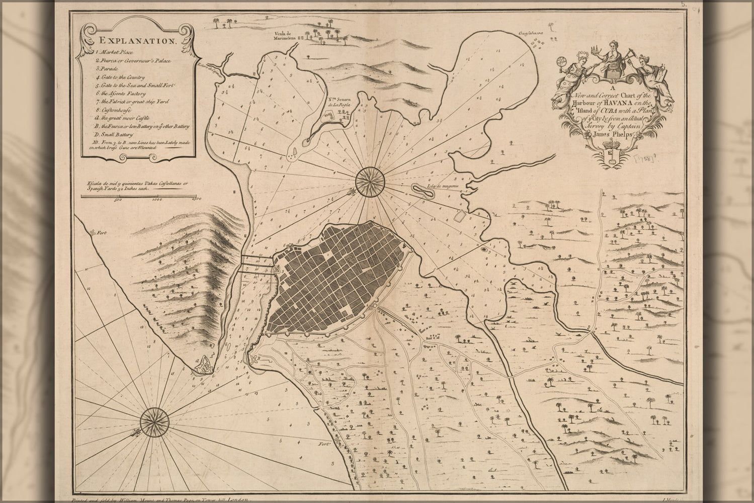 24"x36" Gallery Poster, chart map of Havana harbor Cuba 1758