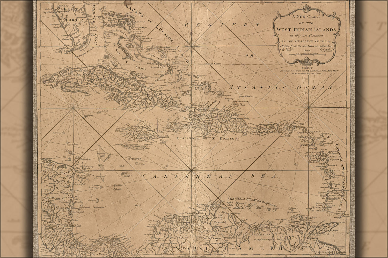 24"x36" Gallery Poster, chart map of West Indian islands west indies 1778