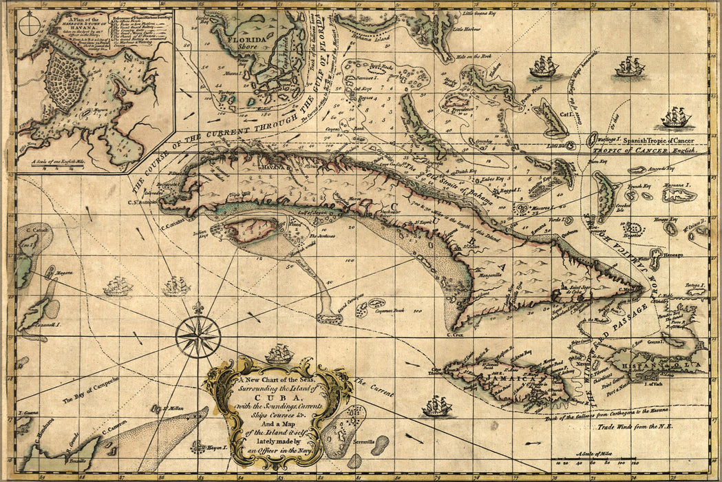 24"x36" Gallery Poster, chart map of seas surrounding Cuba 1762