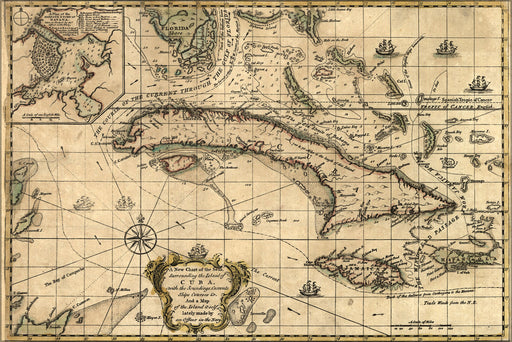 24"x36" Gallery Poster, chart map of seas surrounding Cuba 1762