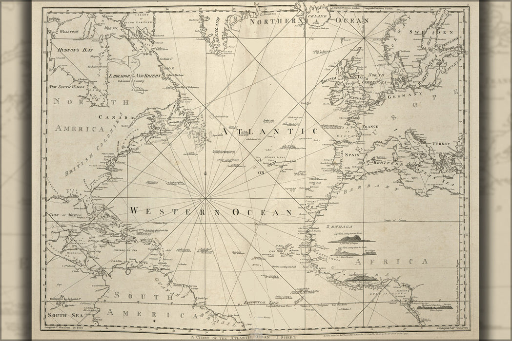 24"x36" Gallery Poster, chart map of the Atlantic ocean 1777