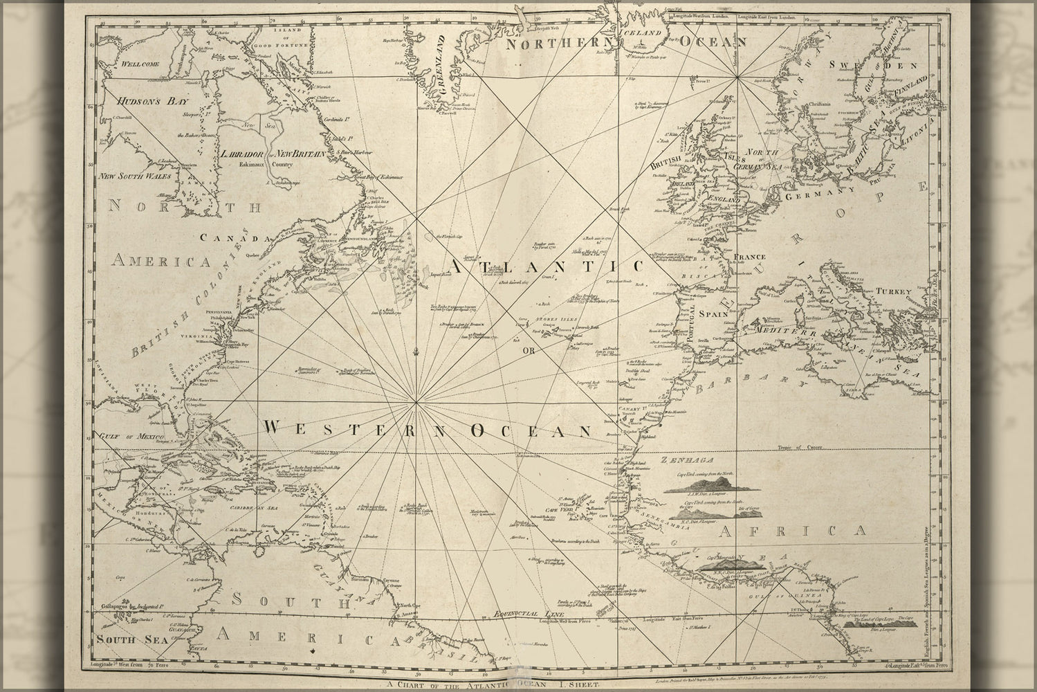 24"x36" Gallery Poster, chart map of the Atlantic ocean 1777