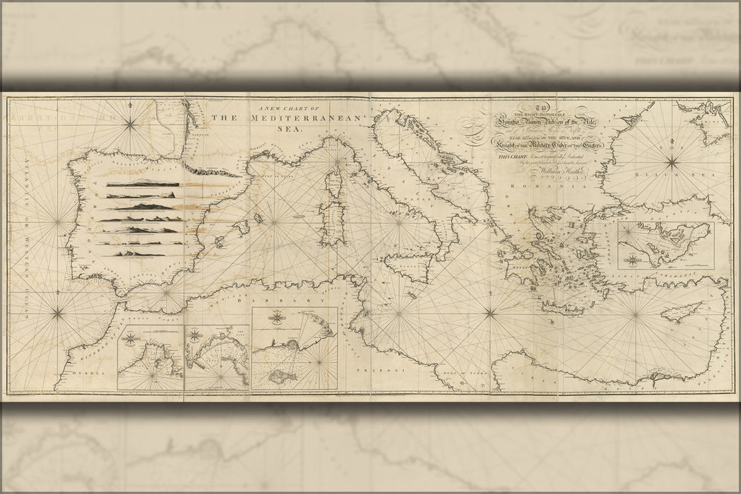 24"x36" Gallery Poster, chart map of the Mediterranean Sea 1797