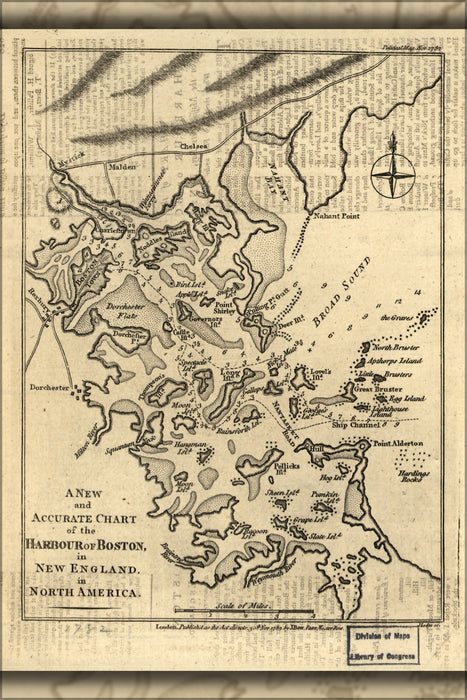 24"x36" Gallery Poster, chart map of the harbour of Boston 1782