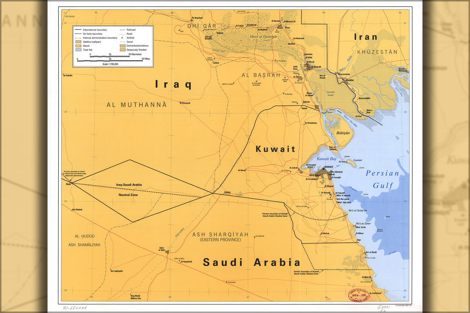 24"x36" Gallery Poster, cia Map neut. zones Saudi Arabia Iraq Kuwait 1991