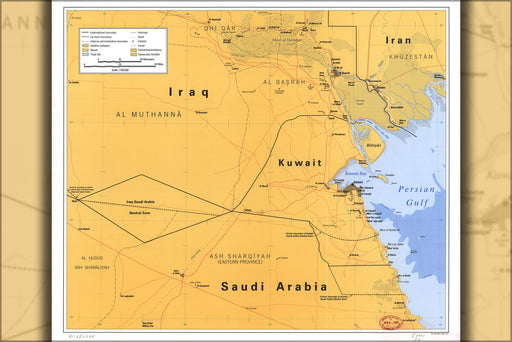 24"x36" Gallery Poster, cia Map neut. zones Saudi Arabia Iraq Kuwait 1991