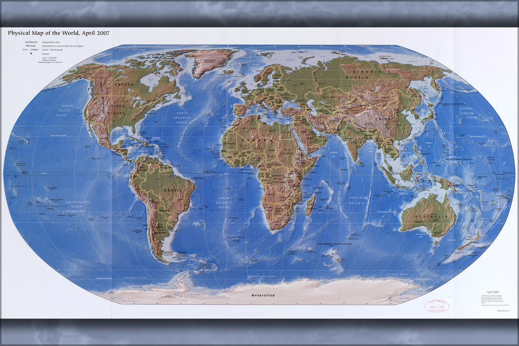 24"x36" Gallery Poster, cia Physical map of the world, April 2007