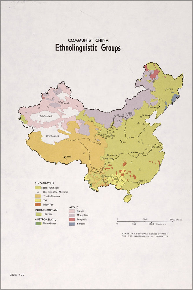 24"x36" Gallery Poster, cia ethnolinguistic map of Communist China 1970