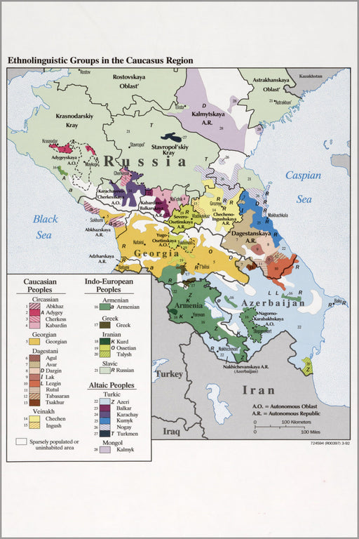 24"x36" Gallery Poster, cia map Ethnolinguistic groups in Caucasus 1992