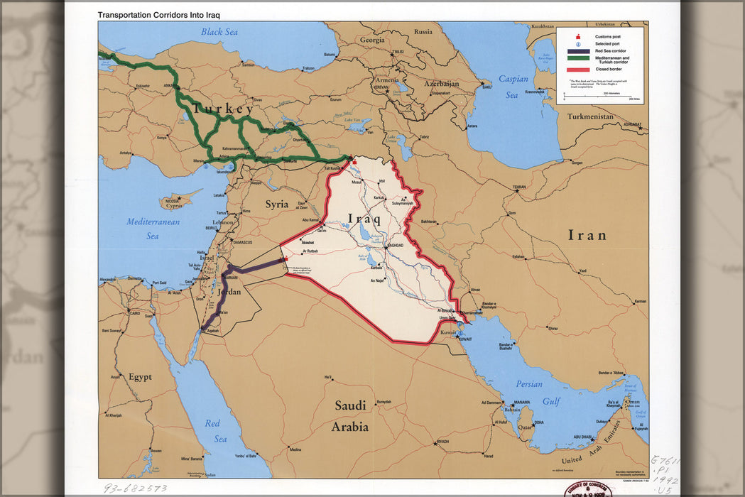 24"x36" Gallery Poster, cia map Transportation corridors into Iraq 1992