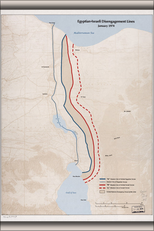 24"x36" Gallery Poster, cia map Yom Kippur War disengage lines Jan 1974