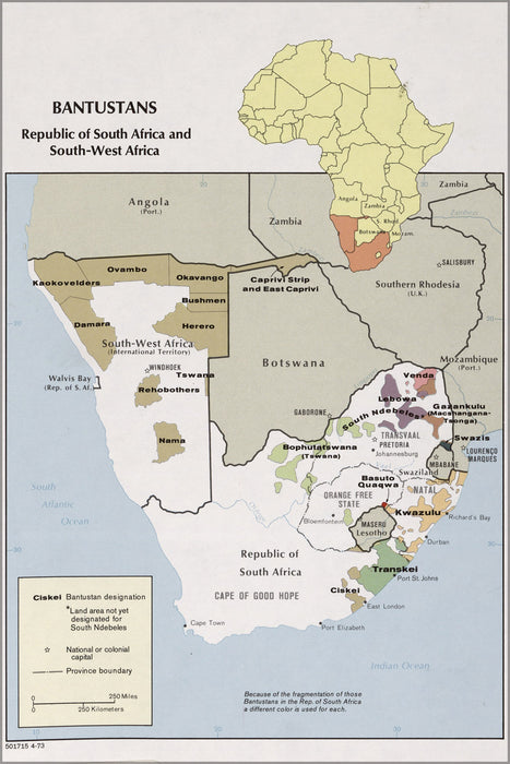 24"x36" Gallery Poster, cia map of Bantustans, Republic of South Africa and South-West Africa 1973