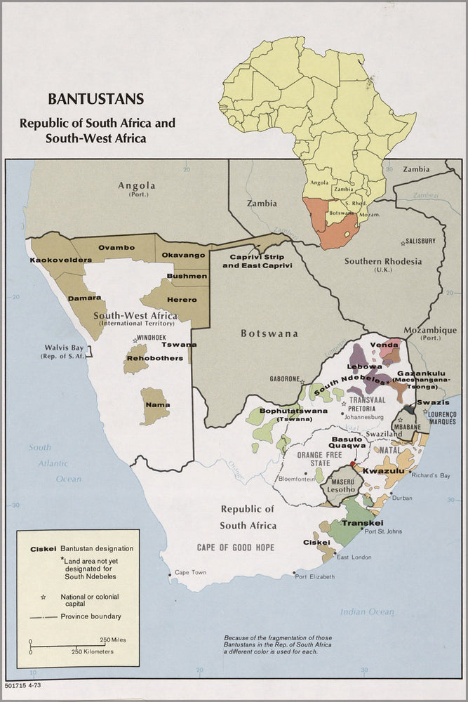 24"x36" Gallery Poster, cia map of Bantustans, Republic of South Africa and South-West Africa 1973