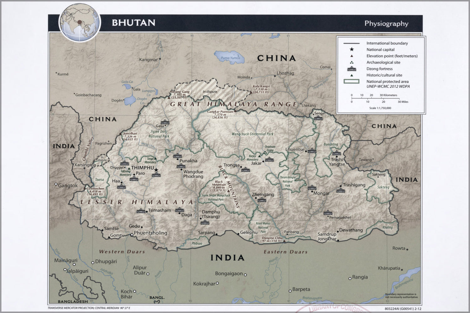 24"x36" Gallery Poster, cia map of Bhutan physiography 2012