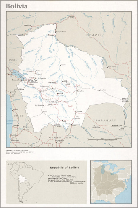 24"x36" Gallery Poster, cia map of Bolivia 1976