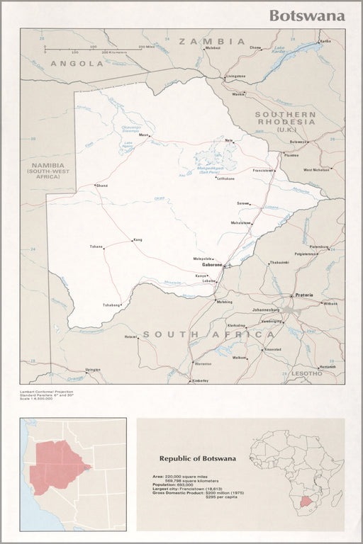 24"x36" Gallery Poster, cia map of Botswana 1976