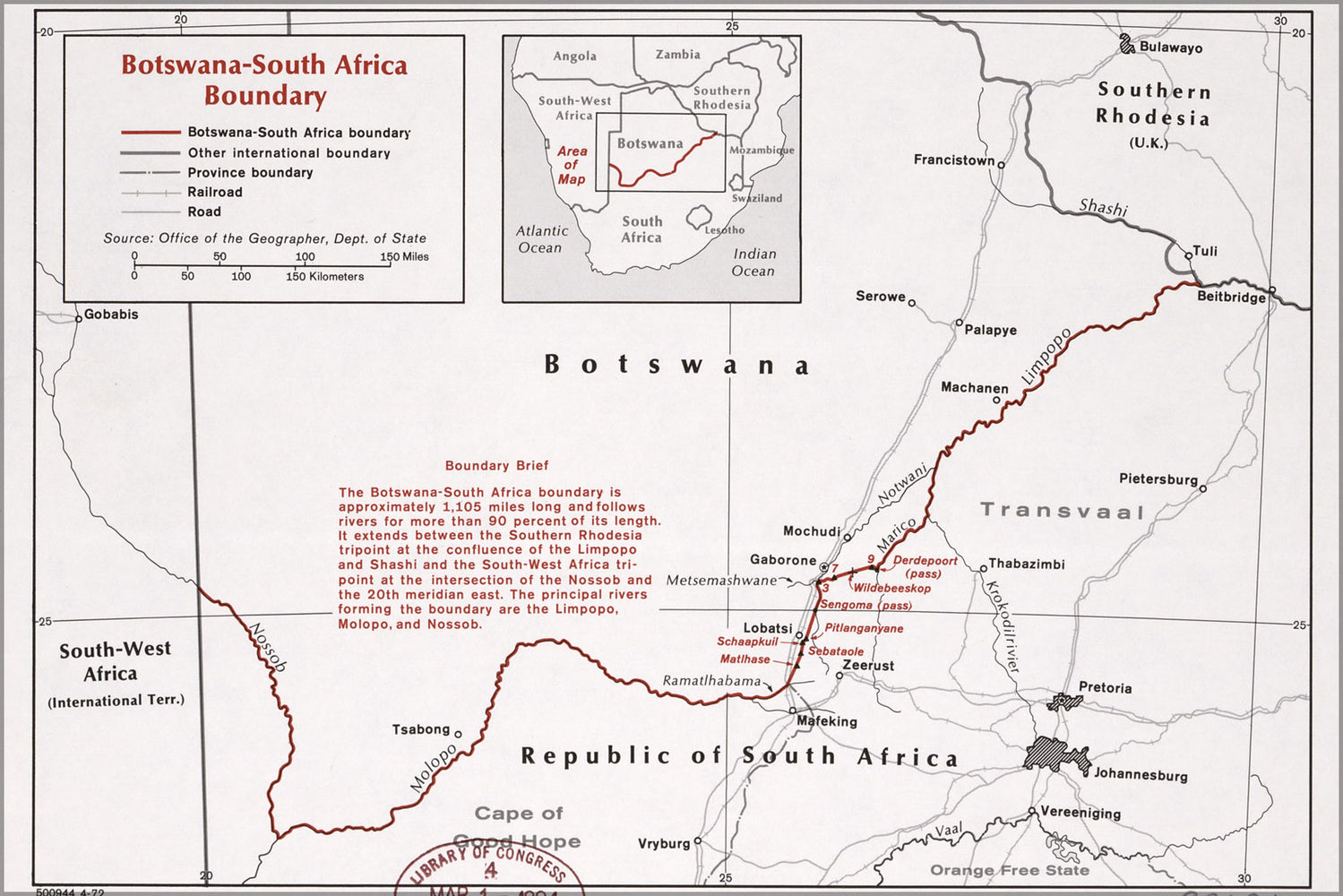24"x36" Gallery Poster, cia map of Botswana South Africa boundary 1972