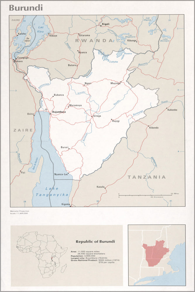 24"x36" Gallery Poster, cia map of Burundi 1976