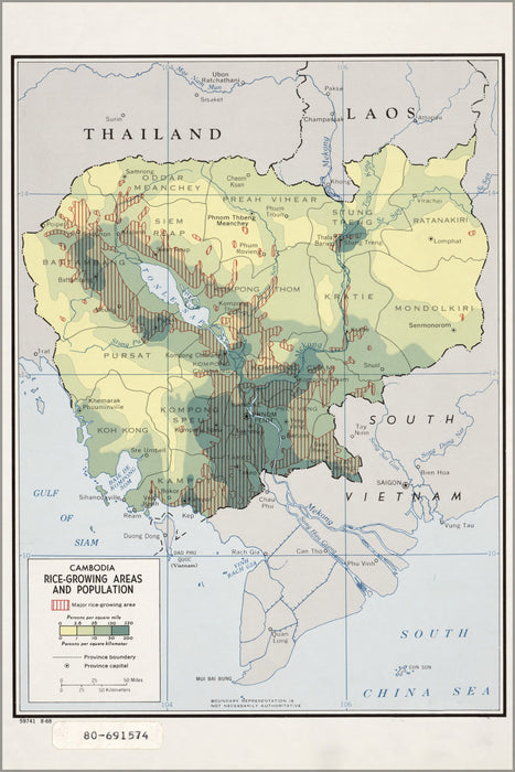 24"x36" Gallery Poster, cia map of Cambodia, rice-growing areas and population 1968