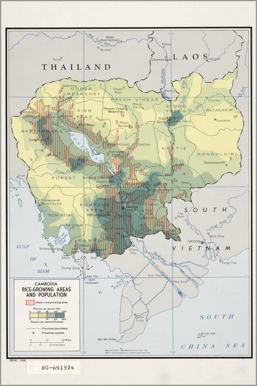 24"x36" Gallery Poster, cia map of Cambodia, rice-growing areas and population 1968