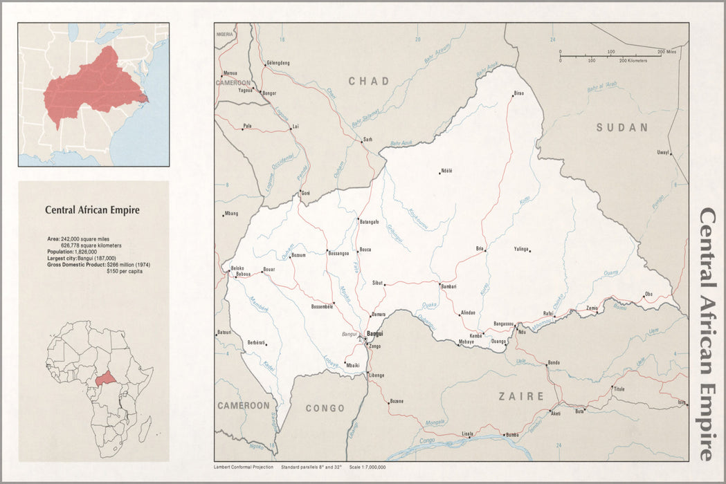 24"x36" Gallery Poster, cia map of Central African Empire 1976
