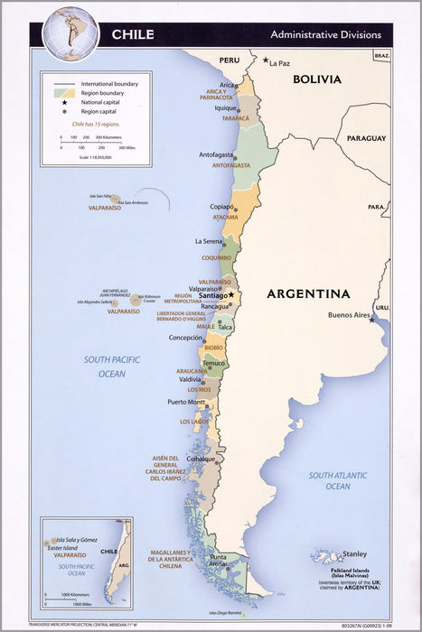 24"x36" Gallery Poster, cia map of Chile, administrative divisions 2009