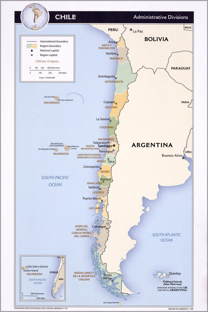 24"x36" Gallery Poster, cia map of Chile, administrative divisions 2009