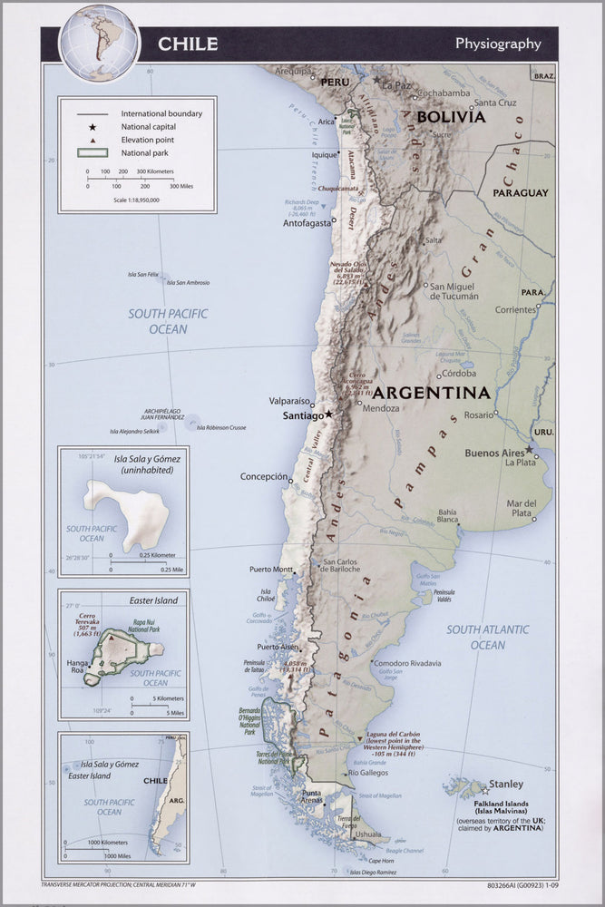 24"x36" Gallery Poster, cia map of Chile, physiography 2009