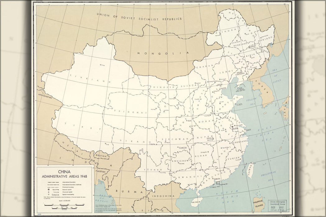 24"x36" Gallery Poster, cia map of China, administrative areas 1948