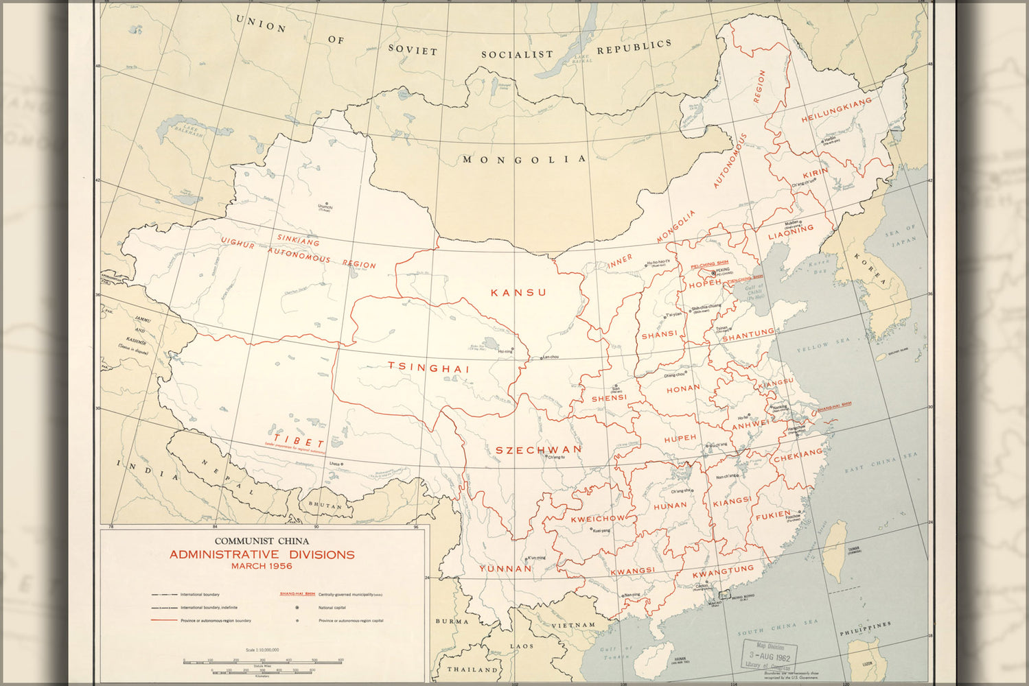 24"x36" Gallery Poster, cia map of China, administrative divisions, 1956
