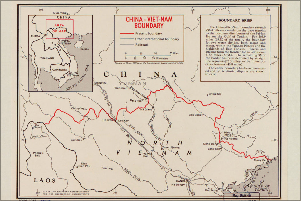 24"x36" Gallery Poster, cia map of China Vietnam boundary 1964