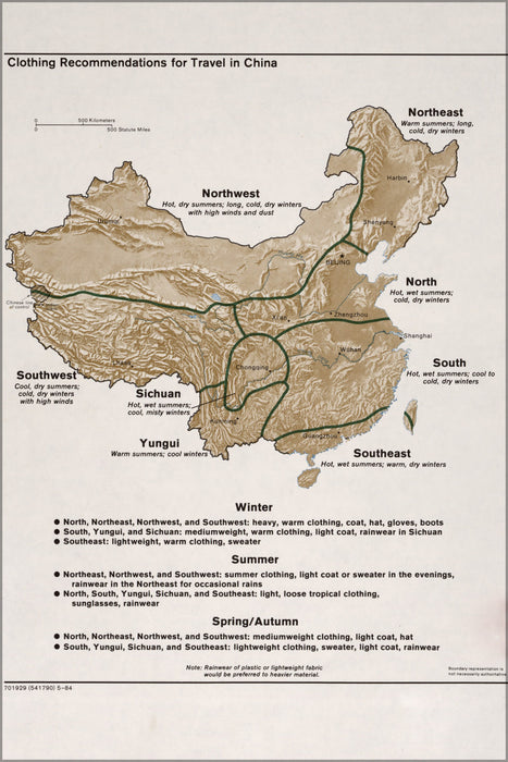 24"x36" Gallery Poster, cia map of Clothing for travel in China 1984